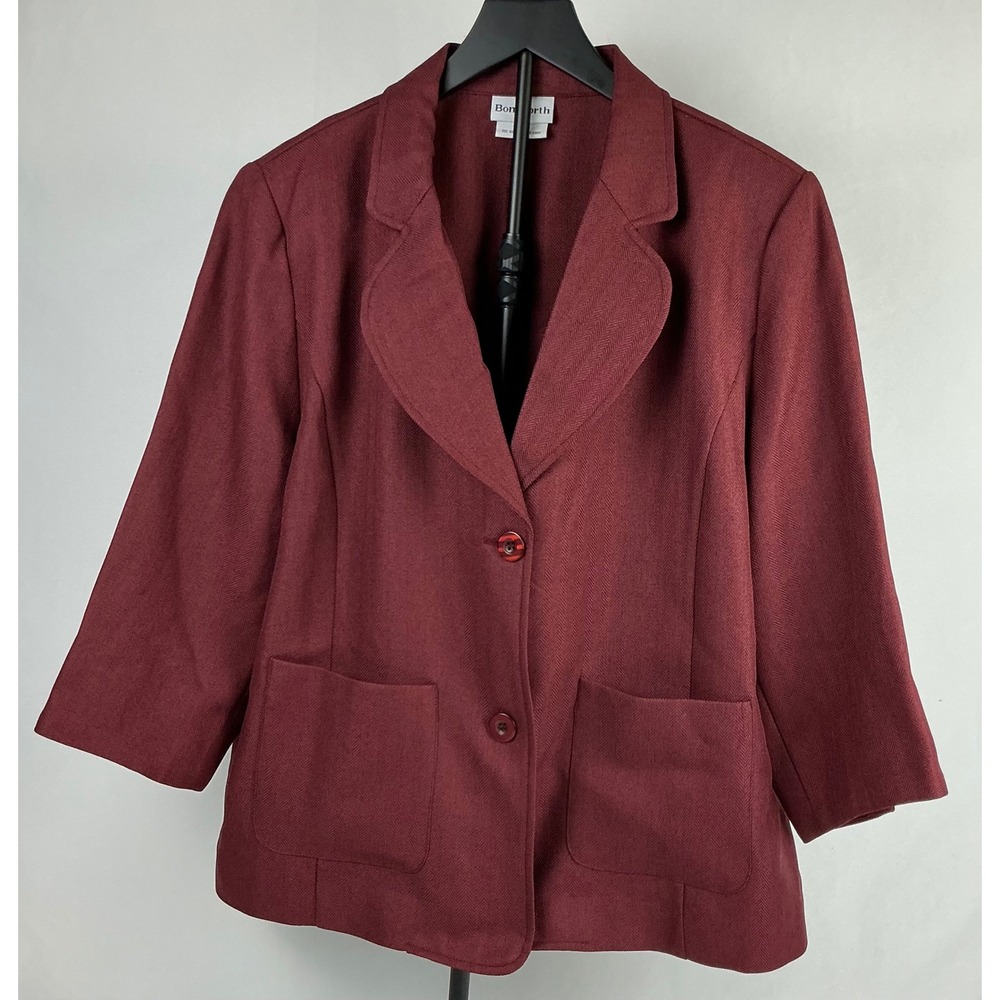 Bon Worth Women Blazer LP Burgundy Red Herringbone Career Business Casual Jacket